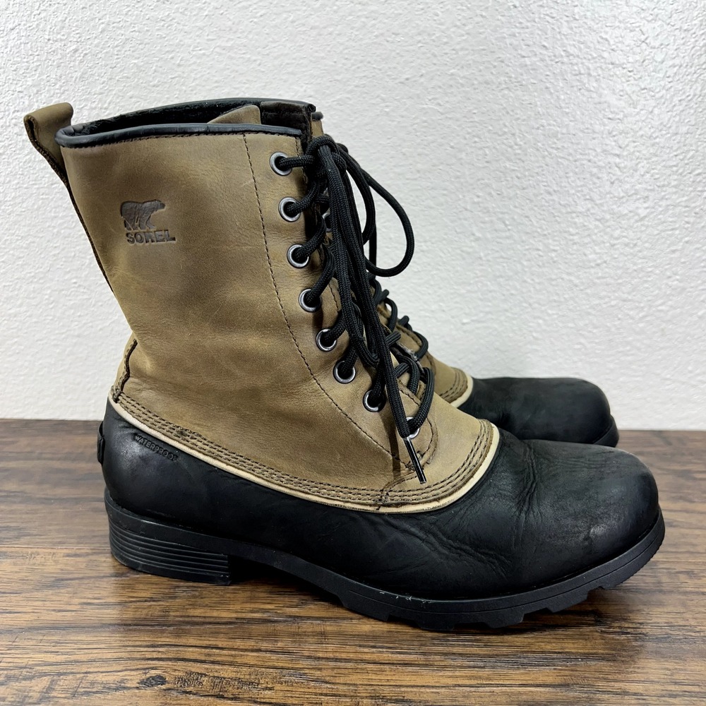 Sorel Womens Boots Size 9 Emelie Black Waterproof Leather Lace Up Boots